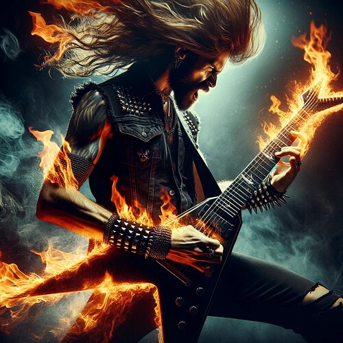 DALL¡E 2024-03-19 20.40.52 - Imagine a scene straight out of a heavy metal fantasy, where a shredder, clad in black leather and studded bracelets, is playing a Flying V guitar wit