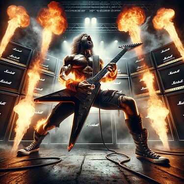 DALL·E 2024-03-22 18.04.07 - A powerful scene depicting a muscular heavy metal guitarist on stage, his feet firmly planted on the ground, passionately playing a Flying V guitar so